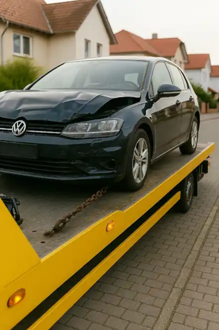 Ein defektes Auto wird zum Autoankauf in Villingen-Schwenningen abgeschleppt, um seinen Wert zu bestimmen.