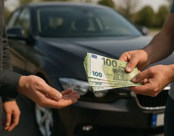 Ein Kunde erhält Bargeld beim Autoankauf in Villingen-Schwenningen für sein Fahrzeug.
